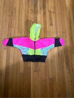 Vintage 12M Petite Club Neon Colorblock Windbreaker Jacket - Pink, Lime, Black